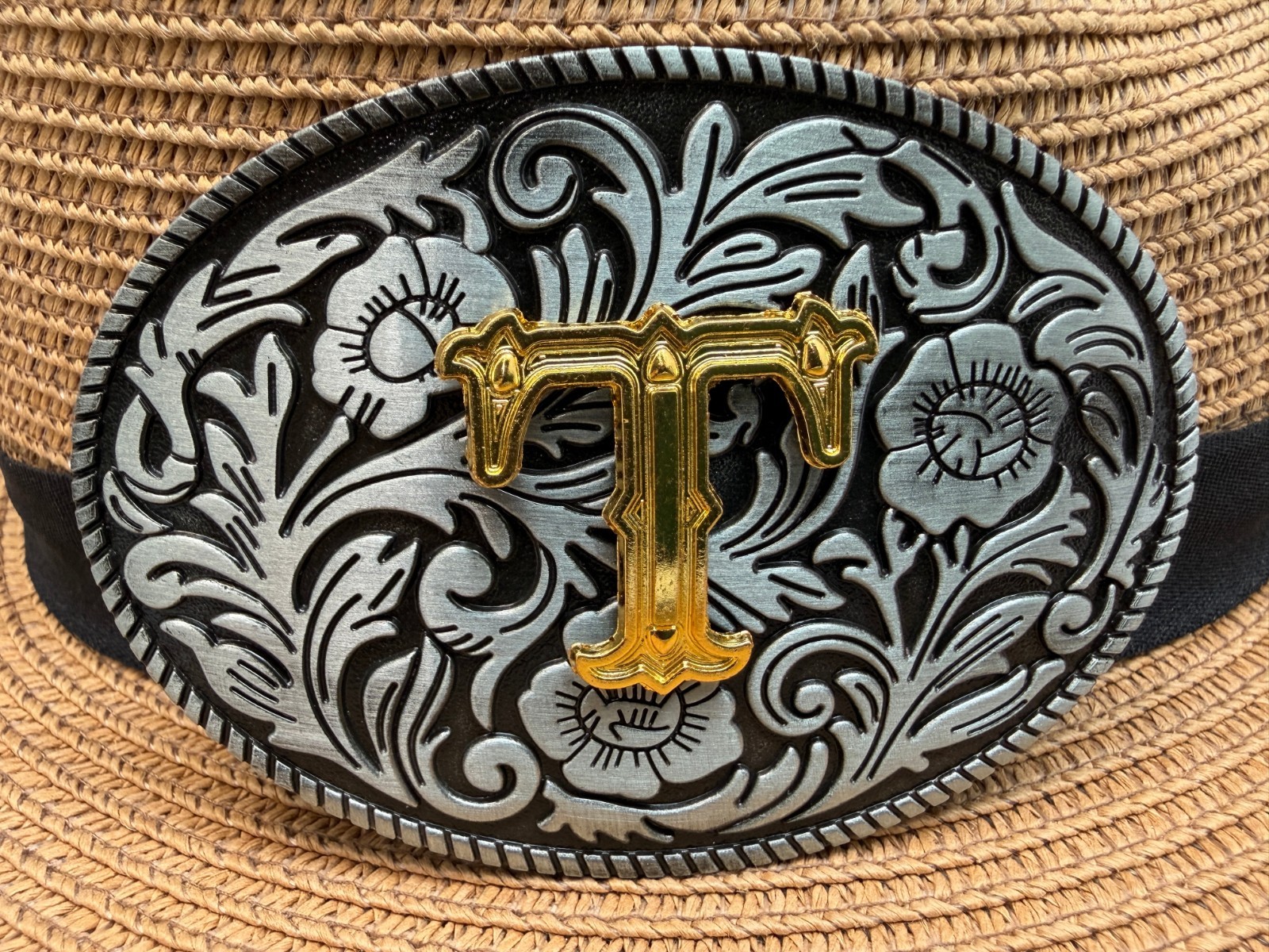 Antiqued Silver Gold Initial T Oval Western Cowboy Floral Vine Belt Buckle