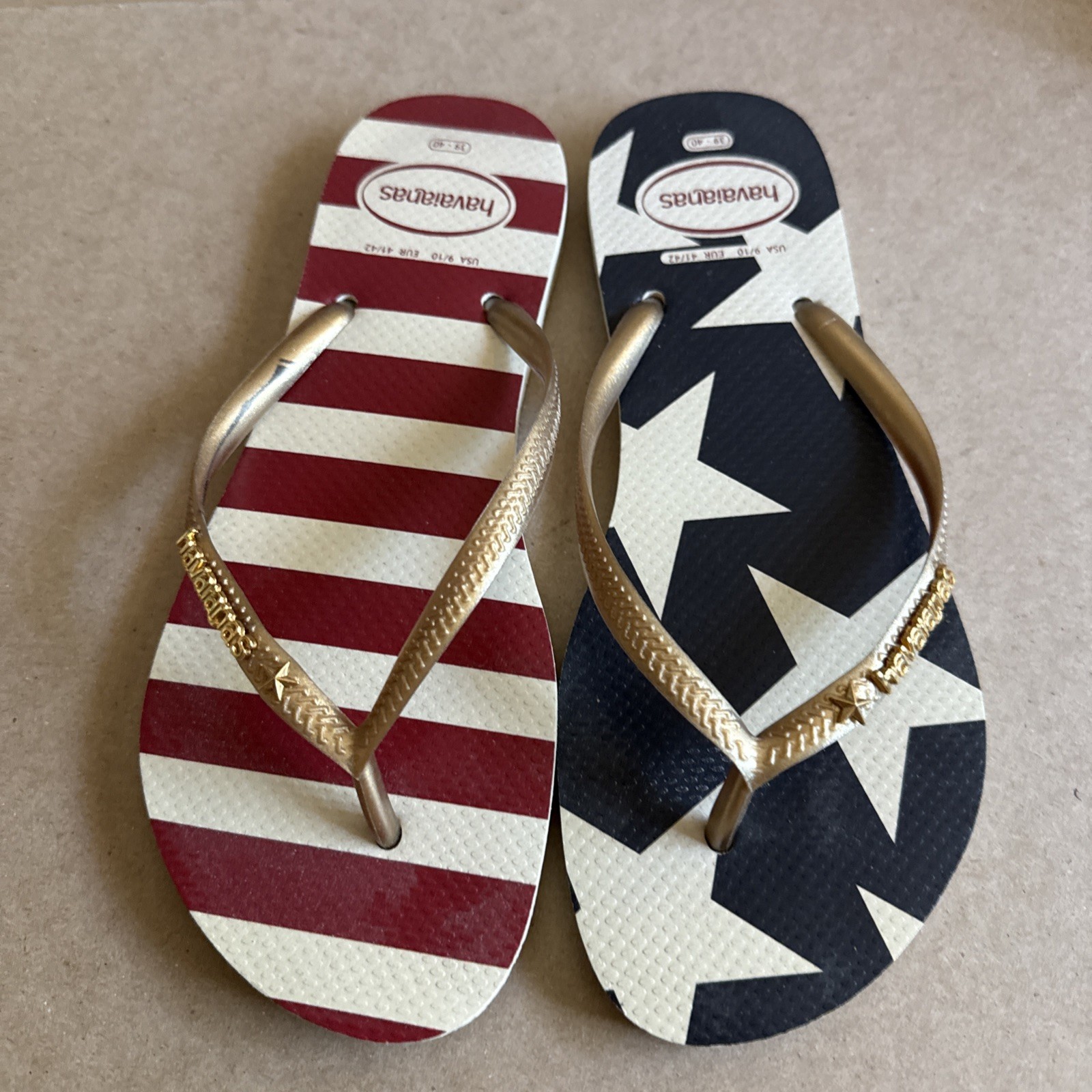 Havaianas Slim US Flag with Gold Straps and Metal Logo 39/40 Preowned Excellent