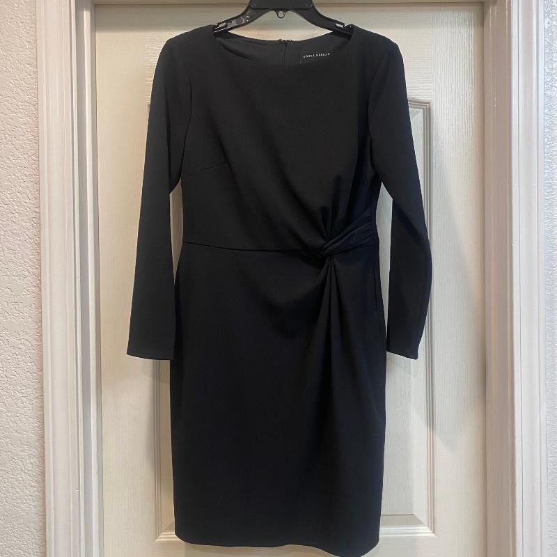 Donna Morgan Black Sheath Dress Size 6 Short Sleeve Belted Stretch RN 58142