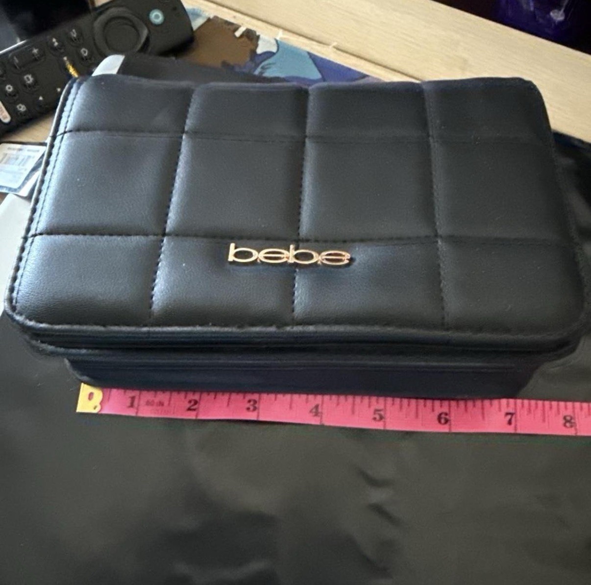 bebe Quilted Black Crossbody Bag Zip Gold Logo Hardware Chain Detachable Strap