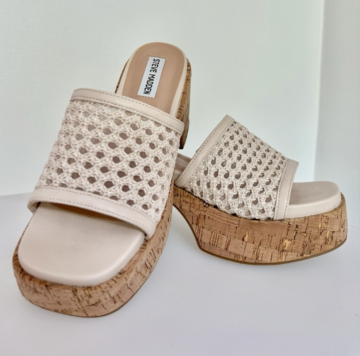Steve Madden Beige/Tan Crochet Platform Mule Block Heel Open Toe Slip On 6.5