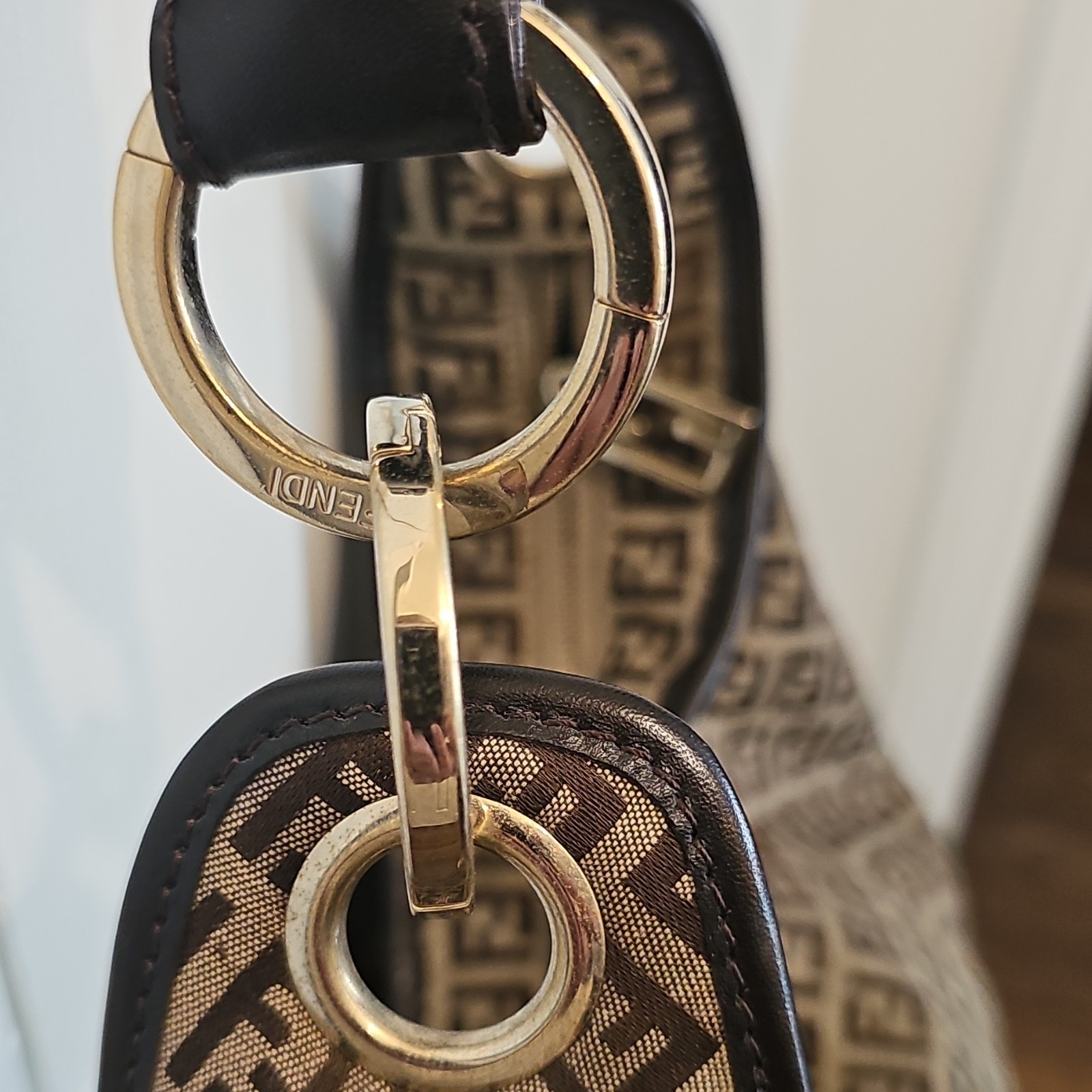 Fendi Zucca FF Logo Shoulder Bag, Zip Closure, Braided Strap, Gold Hardware