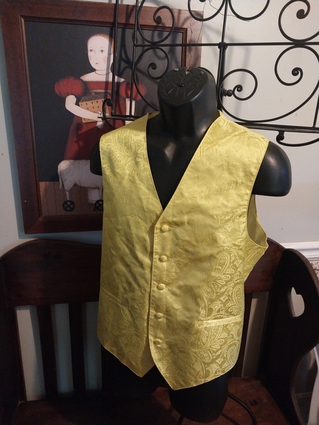 VESUVIO NAPOLI ITALY VEST ELECTRIC YELLOW PAISLEY PATTERN MEN’S SIZE S