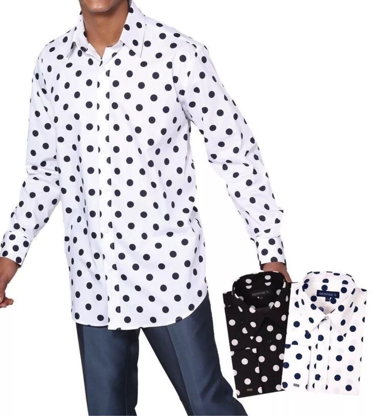 New FORTINO LANDI Men White & Navy Polkadots Oversized Dress shirt SZ 16-16.5”