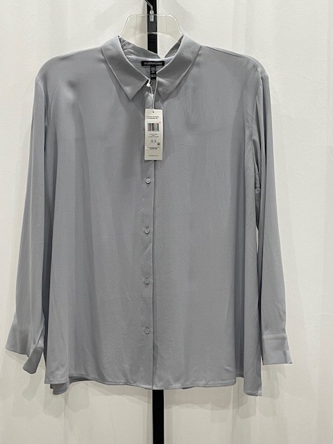 NWT! Eileen Fisher $278 1X ‘India Sky’ Lt Blue/Gray 100% Silk Shirt Machine Wash