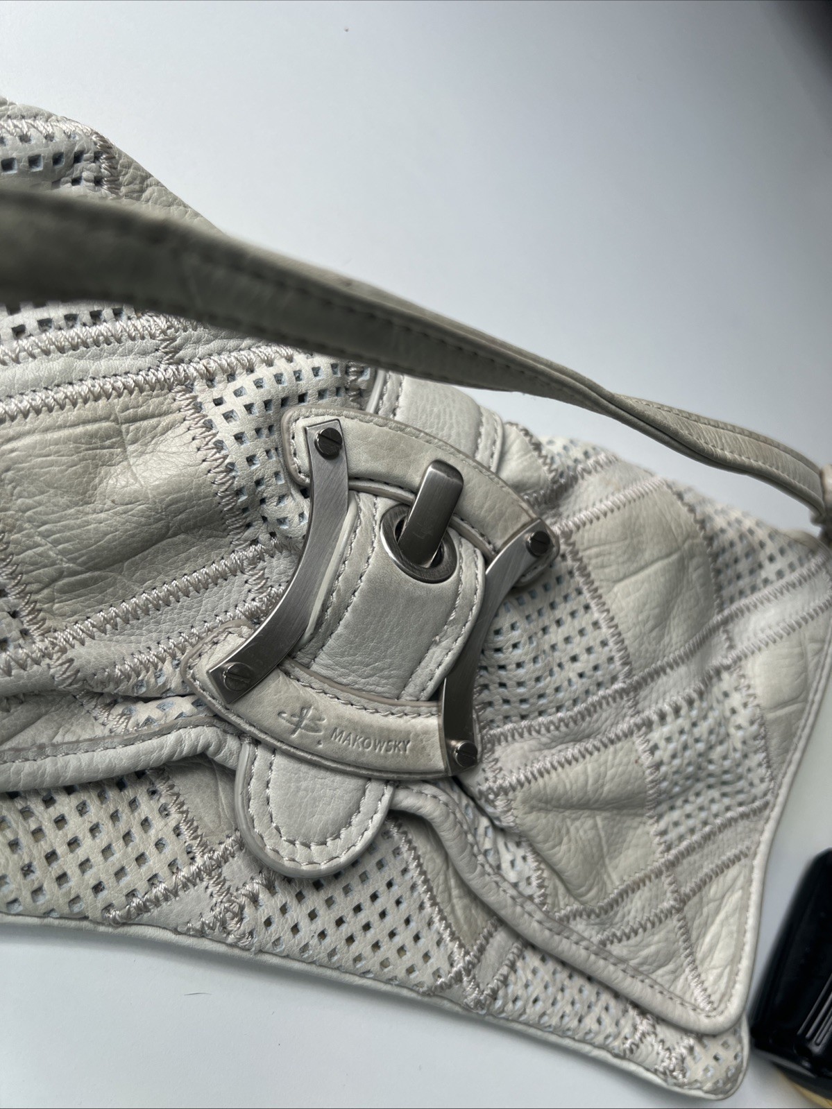 Makowsky Gray Leather Shoulder Bag Perforated Patchwork Silver Hardware Purse