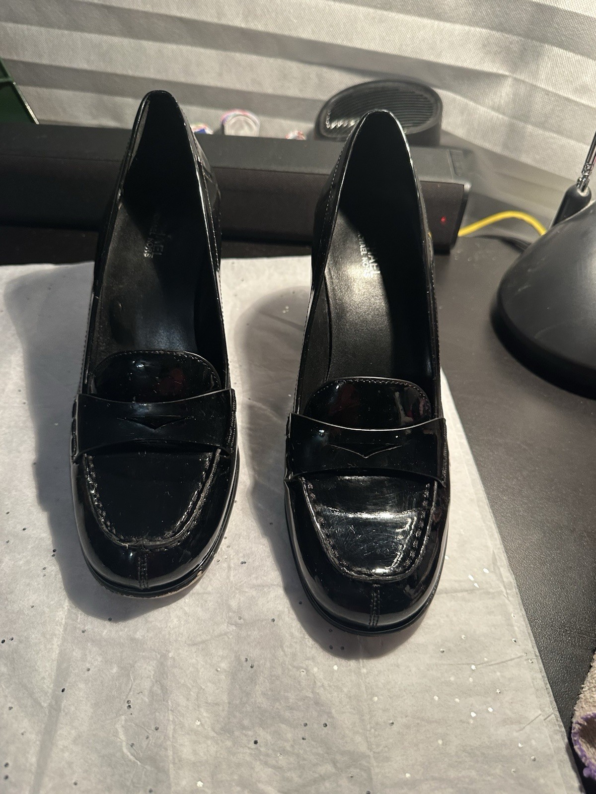 Michael Kors Women’s Black Patent Leather Square Toe Slip-On Block Heel Pump 8.