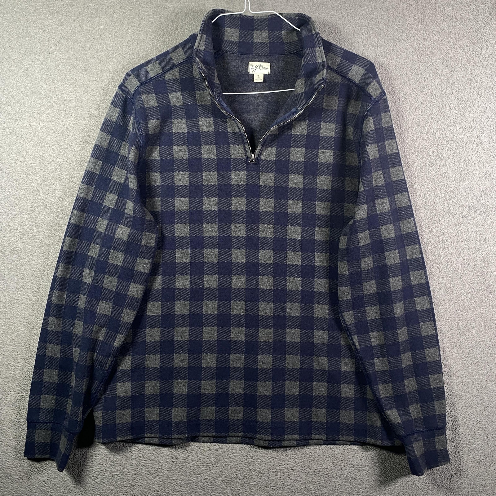 J Crew Sweater Mens Large Blue Gray Plaid 1/4 Zip Mock Neck Knit Pullover
