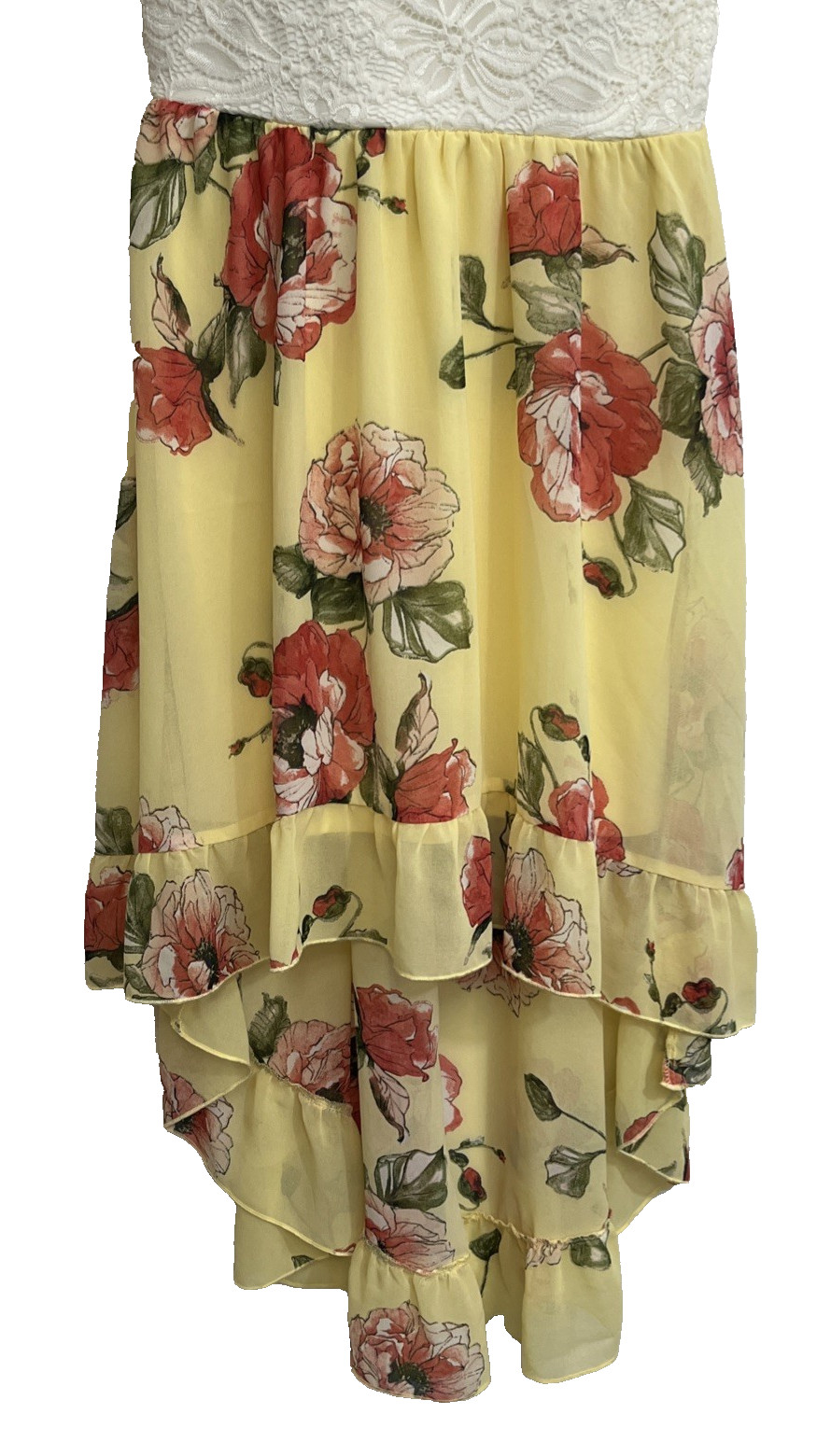 A.U.W. Sundress Size L Yellow Pink Floral Adjustable Strap Built In Bra Hi-Low
