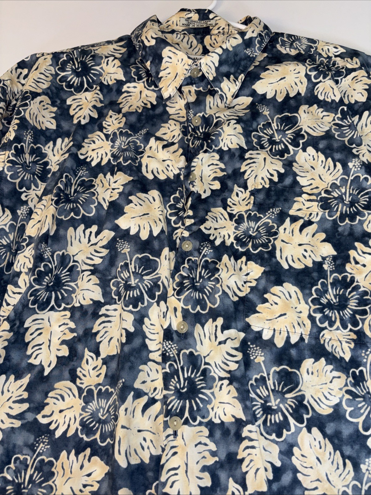 VINTAGE Burma Bibas Shirt Mens Size XXL Blue Yellow Hawaiian Button Up Cotton