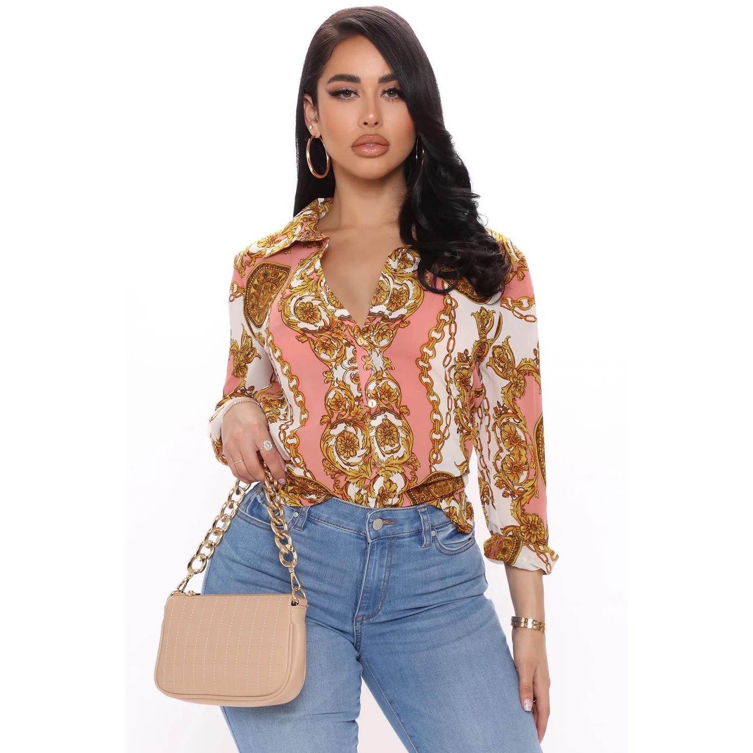 Fashion Nova Pink Gold Baroque Chain Print Button Down Blouse XS