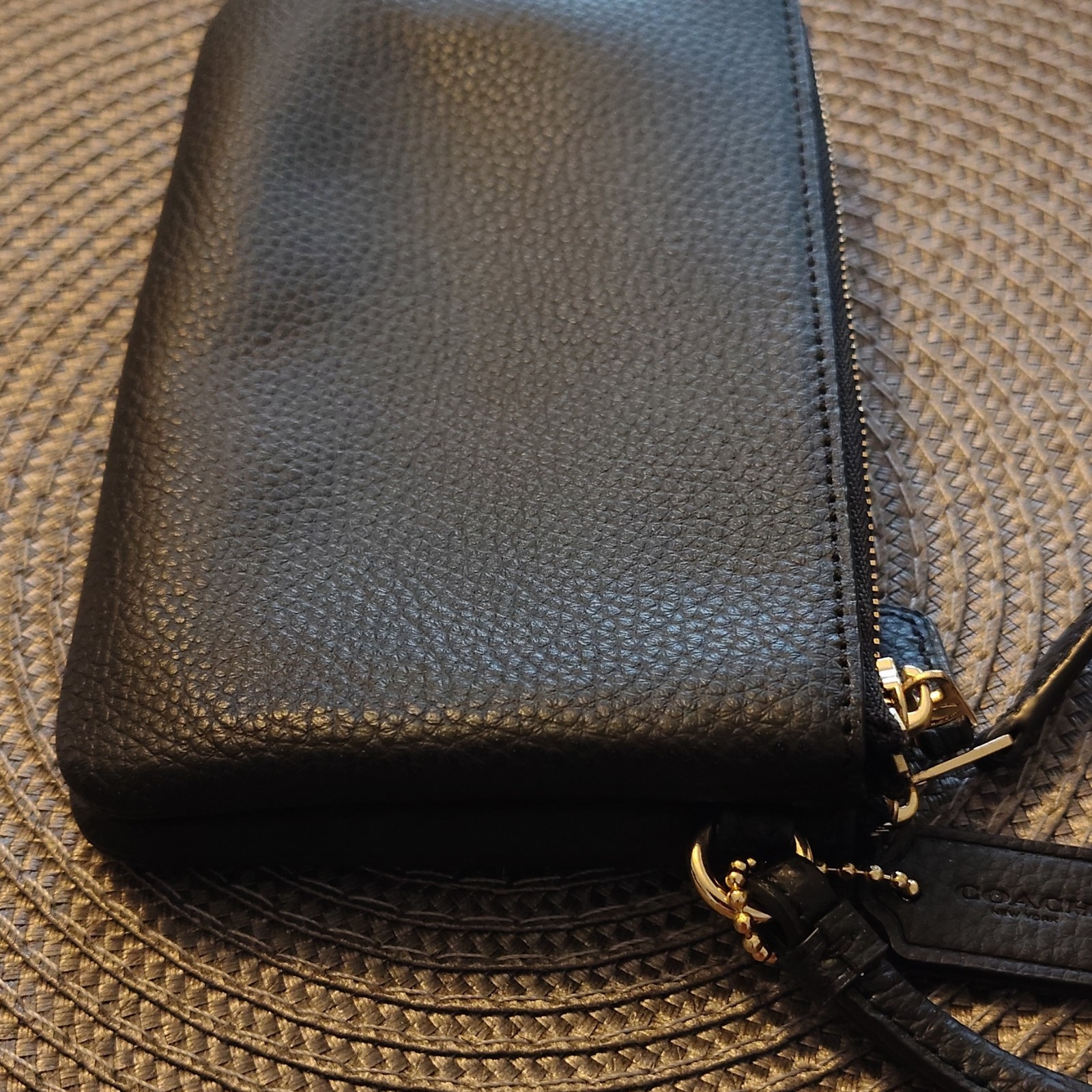 Coach Black Pebbled Zip Wristlet Pouch w/ Strap, Gold Hardware
