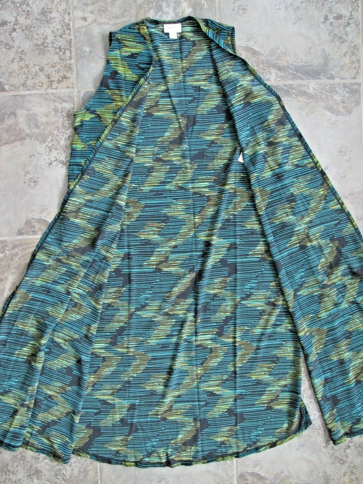 NWT Lularoe Joy Small Long Vest Duster Black Yellow Green Blue Zig-Zag Breezy