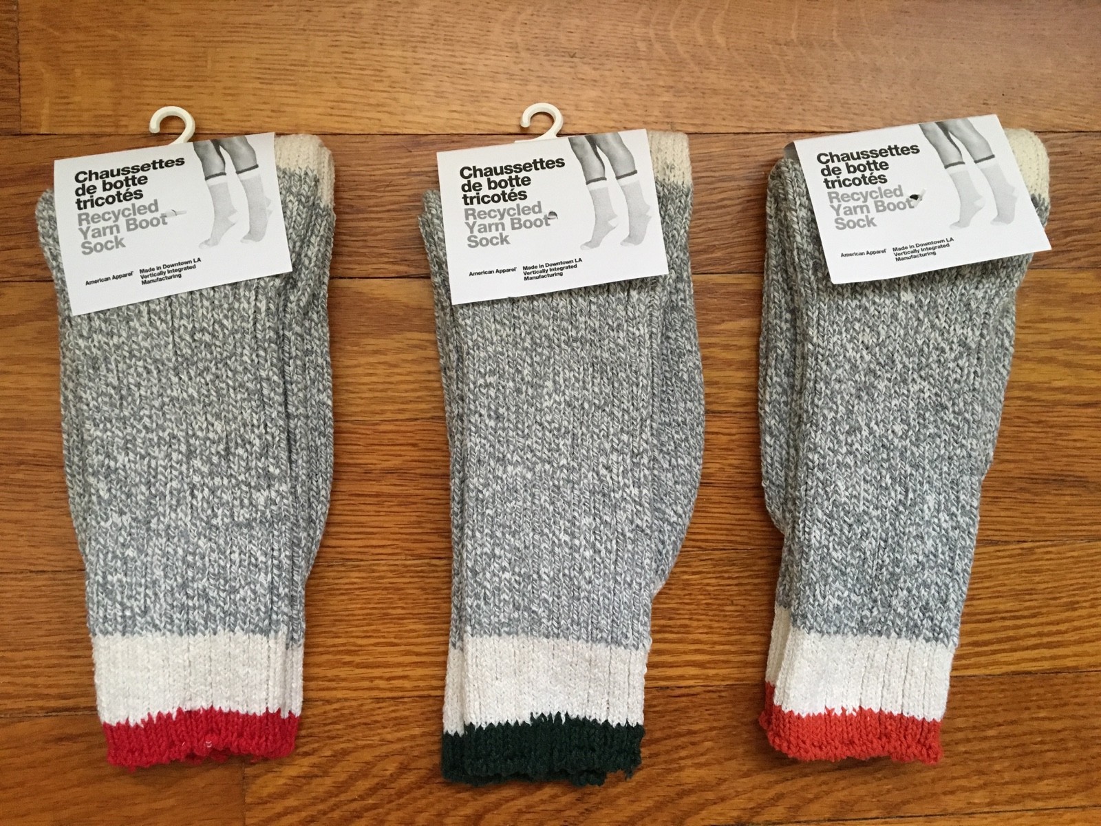 Vtg. American Apparel Recycled Yarn Boot Rag Sock Choice Red, Green, Rust Top