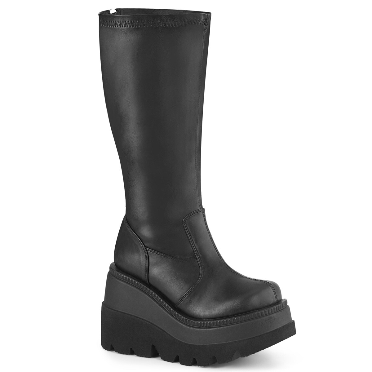 DEMONIA SHAKER-65WC Women’s Wedge Platform Wide Calf Black Knee High Boots