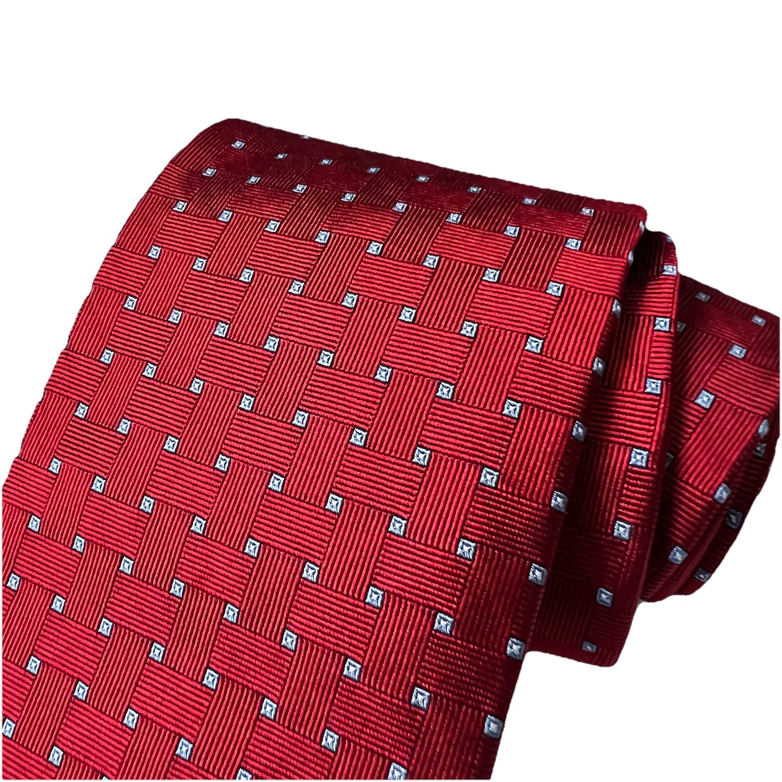 Brooks Brothers Red Silk Tie Geometric Basketweave Square Dot Made In New York
