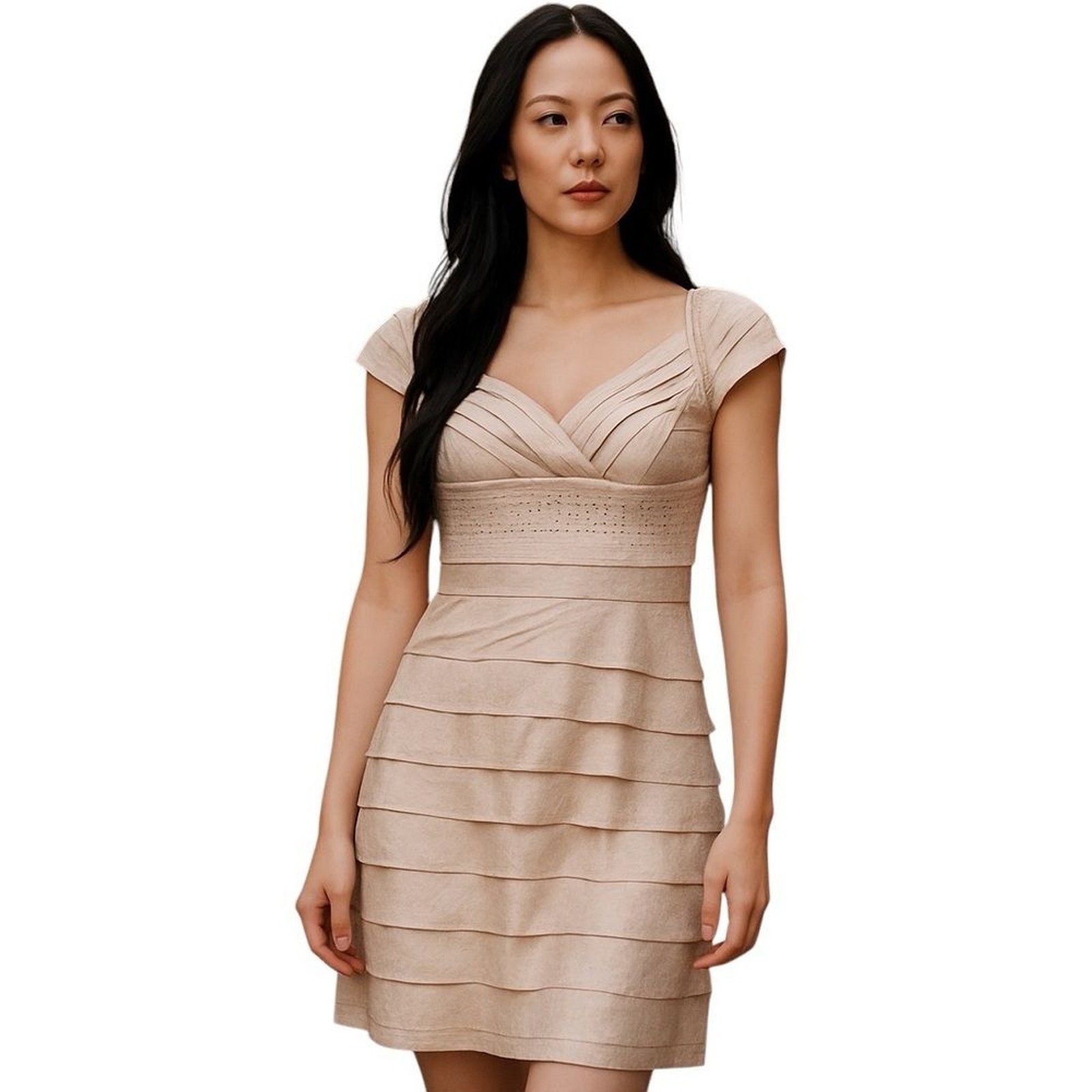 ADRIANNA PAPELL OCCASION CHAMPAGNE SHUTTER PLEATED BEADED SHORT CAP SLEEVE DRESS