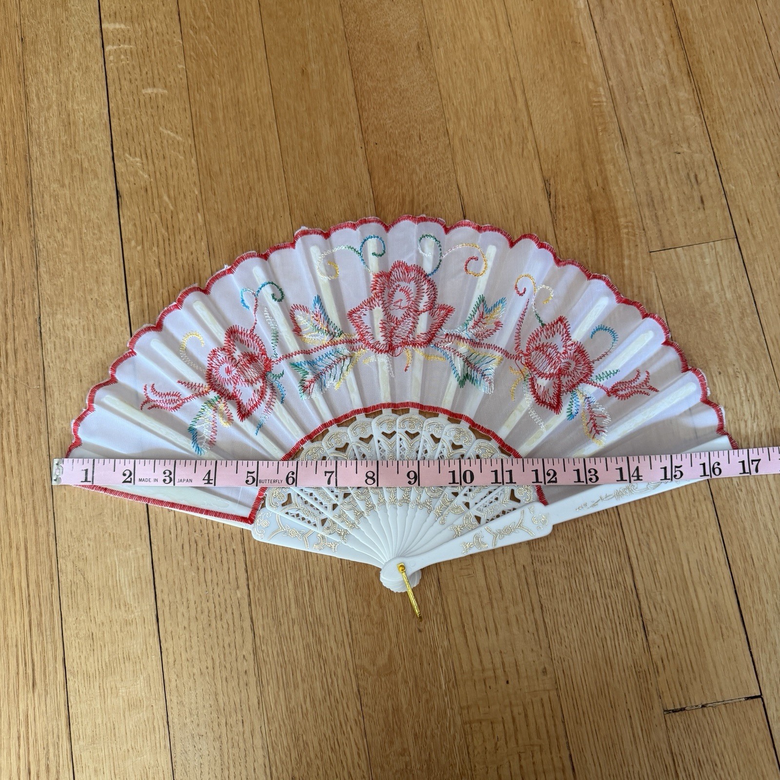 Accordion Fan Fold Out Floral Rose Pastel Fabric Embroidered Plastic Replica