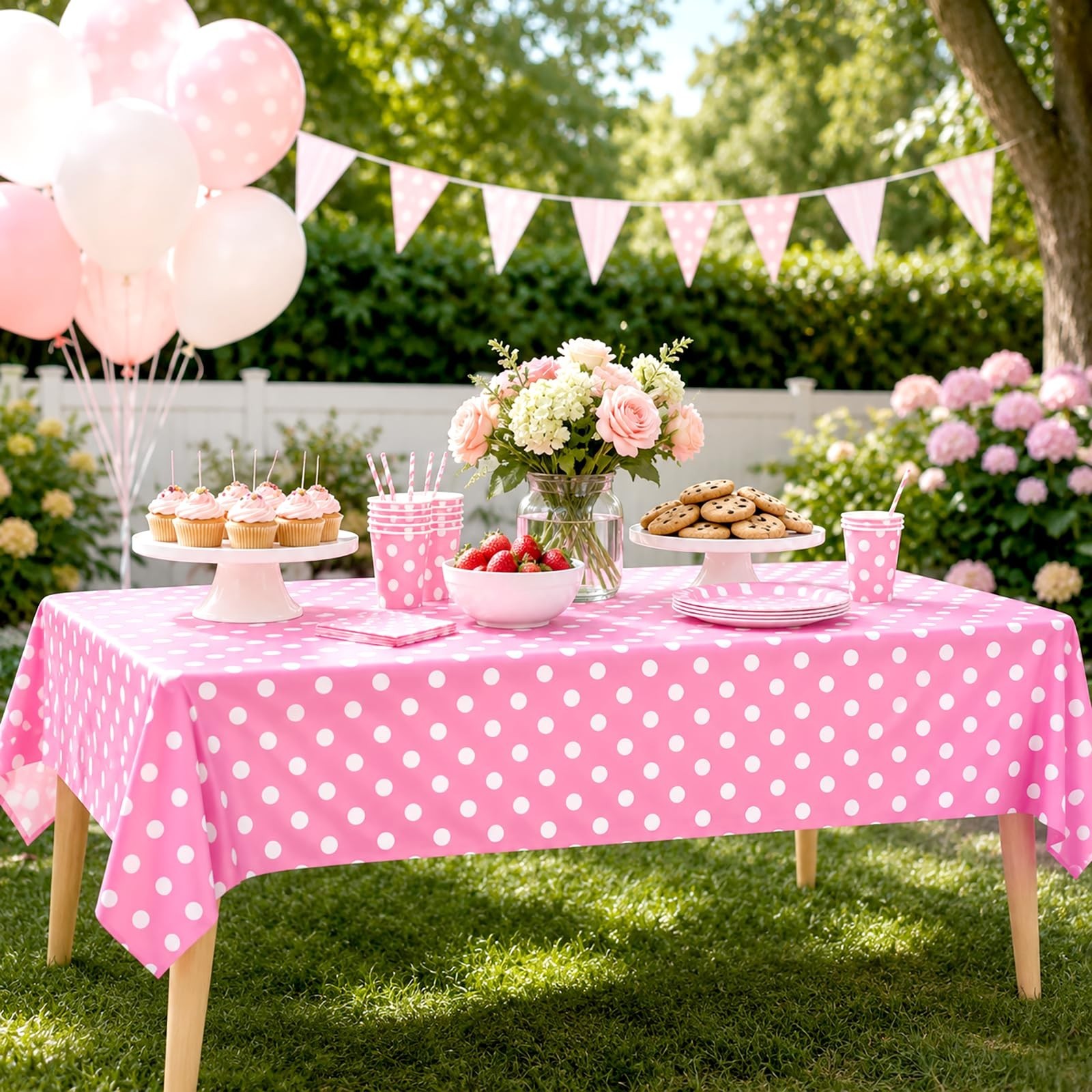 2 Pack Pink Polka Dot Tablecloth,Pink and White Tablecloths Disposable Plasti…
