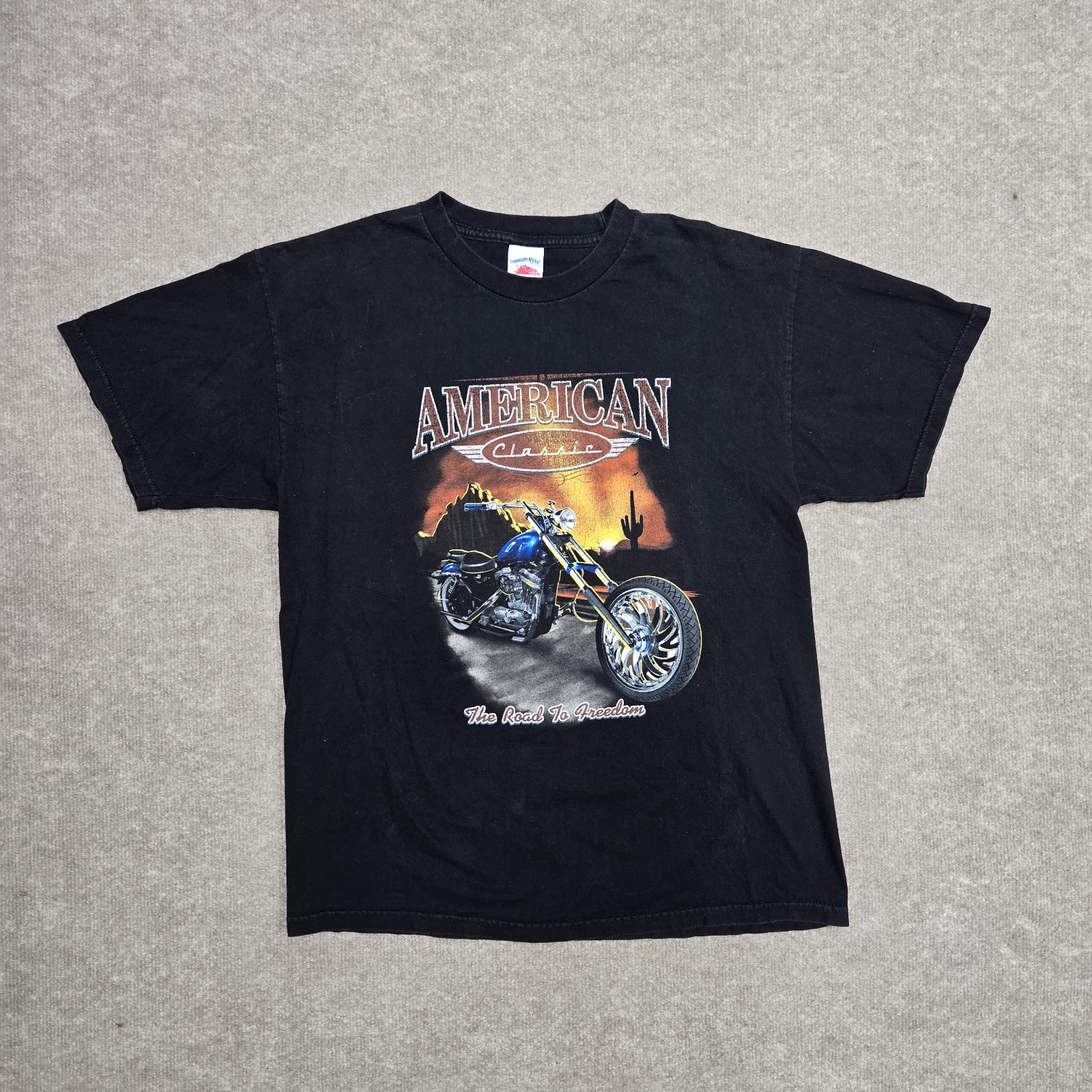 Vtg 00s Y2K American Classic Road to Freedom Motorcycle Biker T-Shirt L Black