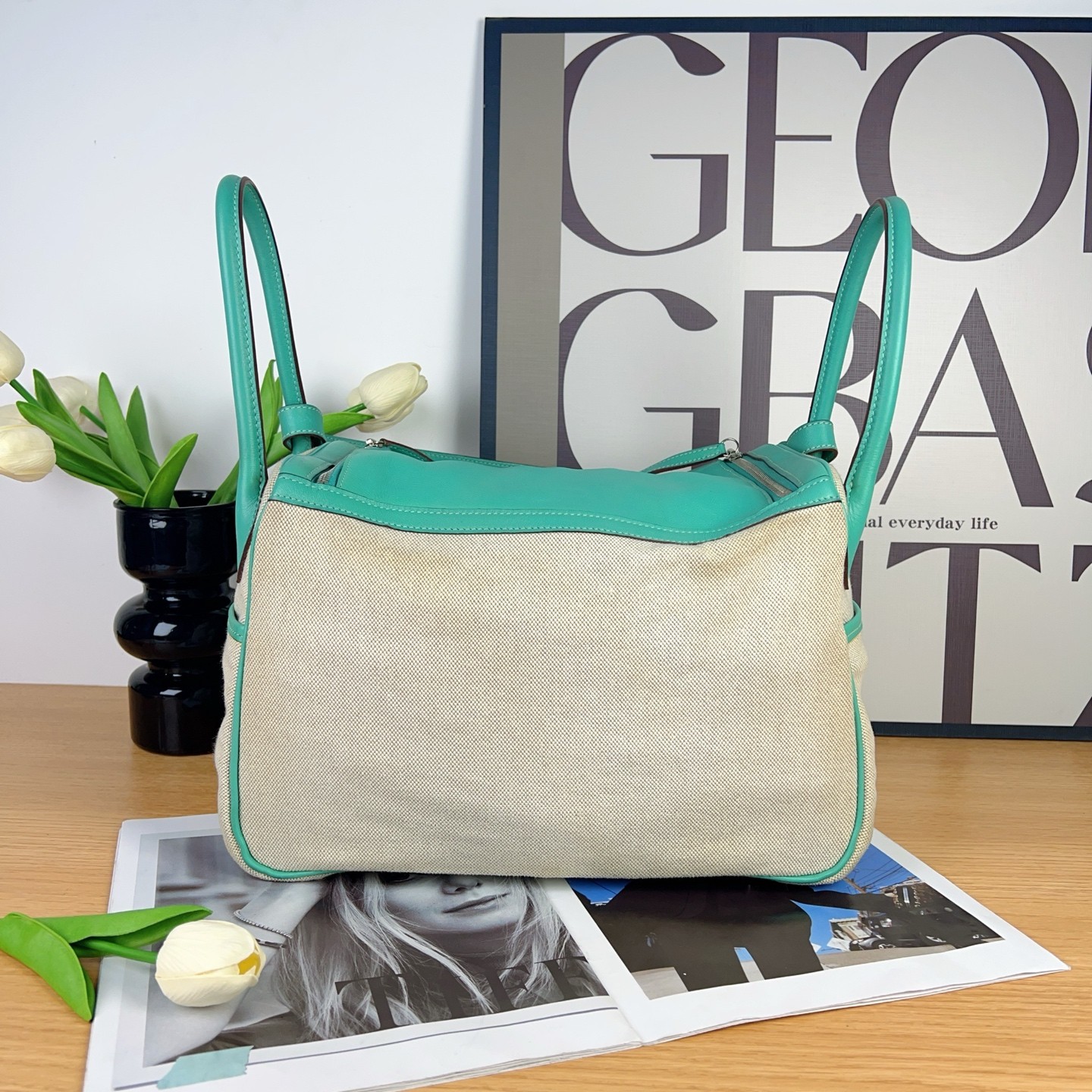 Hermès Lindy 34 | Canvas & Swift Leather, Peacock Green, Square L Stamp