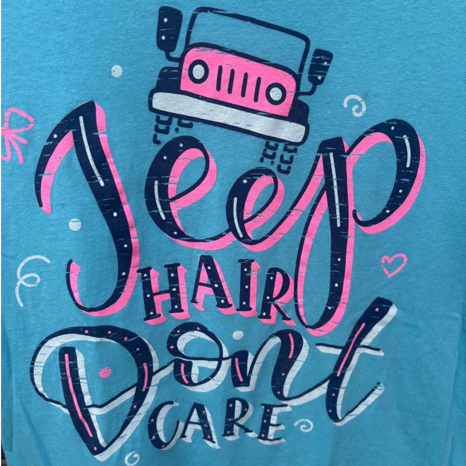 Jeep Hair Don’t Care Graphic T-Shirt Adult Medium Turquoise Blue GOOD CONDITION