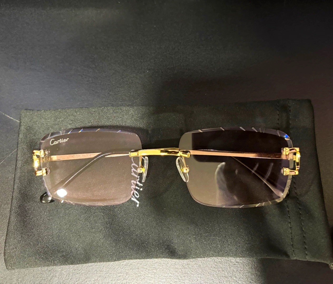 Cartier Rimless Rectangle Sunglasses Gold Metal Frame Brown Tinted UV400