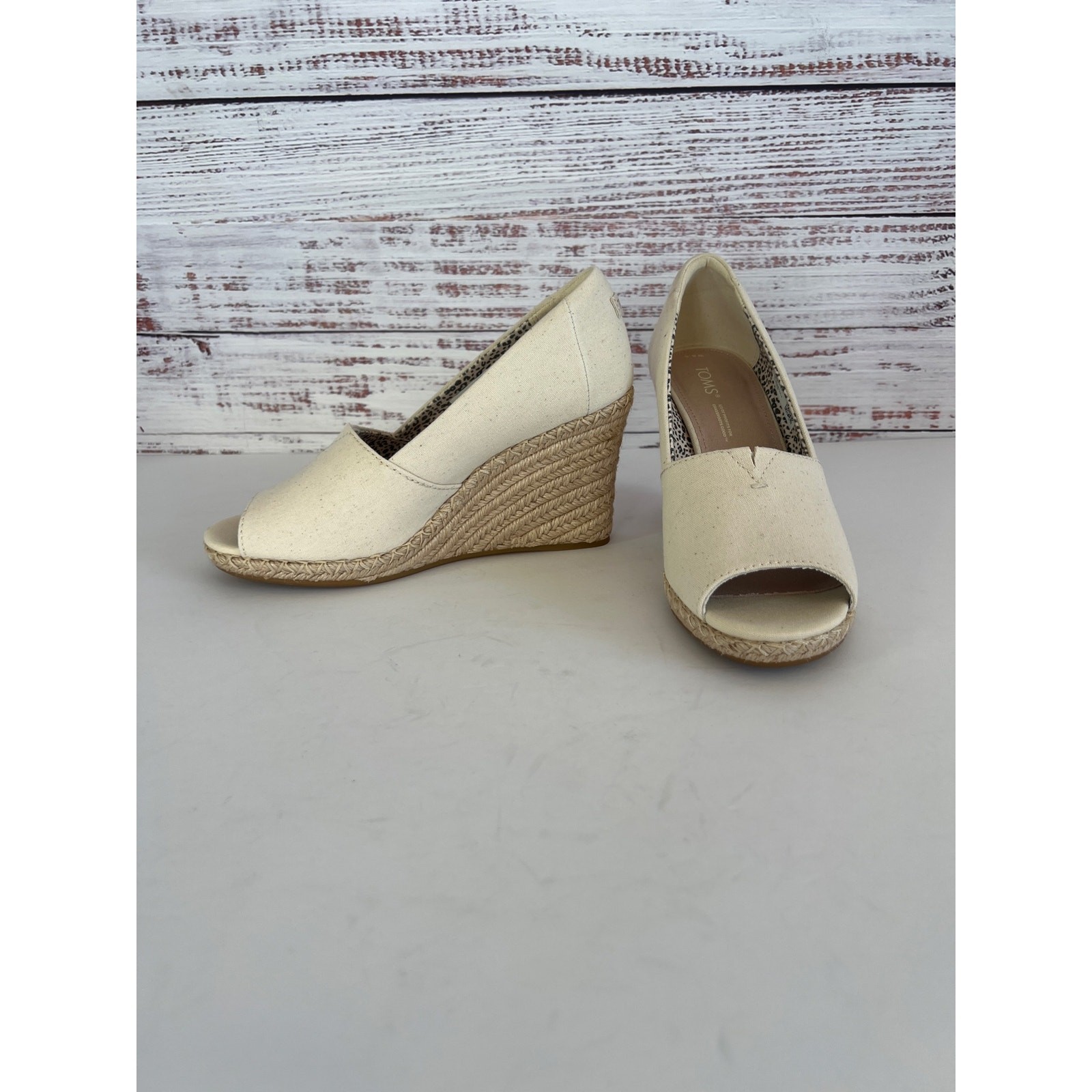 TOMS WOMENS MICHELLE PEEP TOE CANVAS ESPARDRILLE WEDGE PUMPS NATURAL 6 1/2