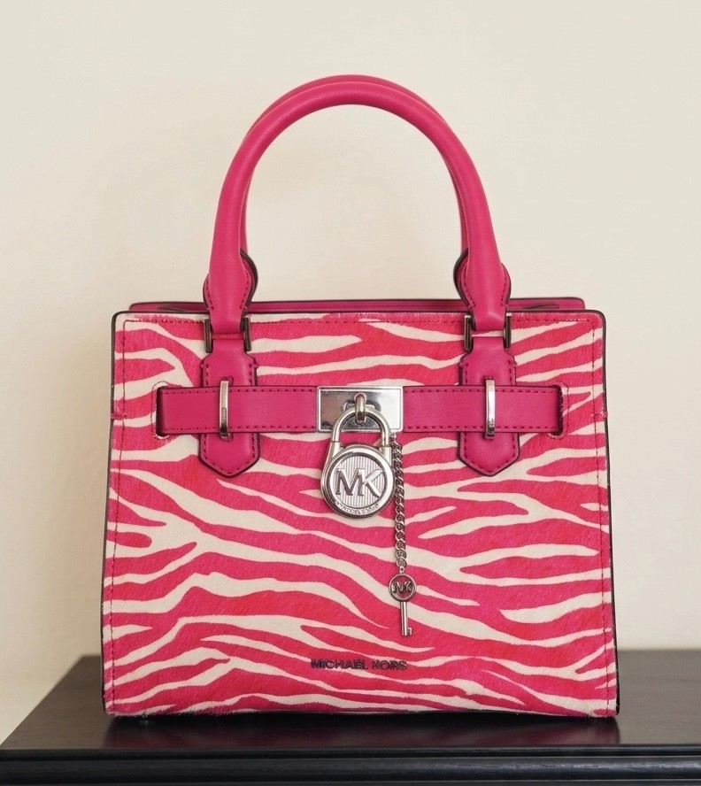 Michael Kors Hamilton Small Satchel Zebra Pink Crossbody Leather Bag Lock Key