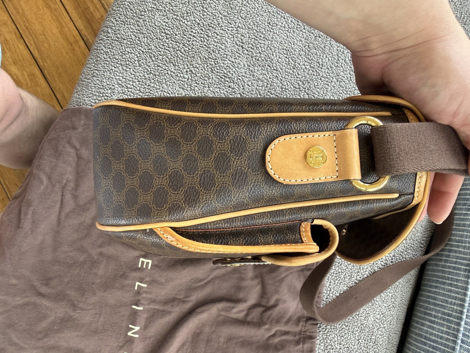 CELINE Macadam Brown Small Crossbody Bag Adjustable Strap Dust Bag