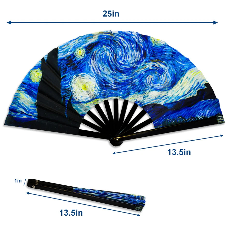 Starry Night Van Gogh XL Clack Fan Folding Art Fan Festival Rave Gift Hand Fan