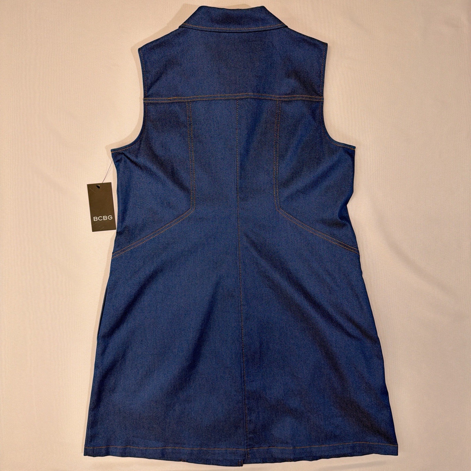 BCBG NWT Denim Sleeveless Button Front Mini Dress Gold Buttons Pockets Blue 14