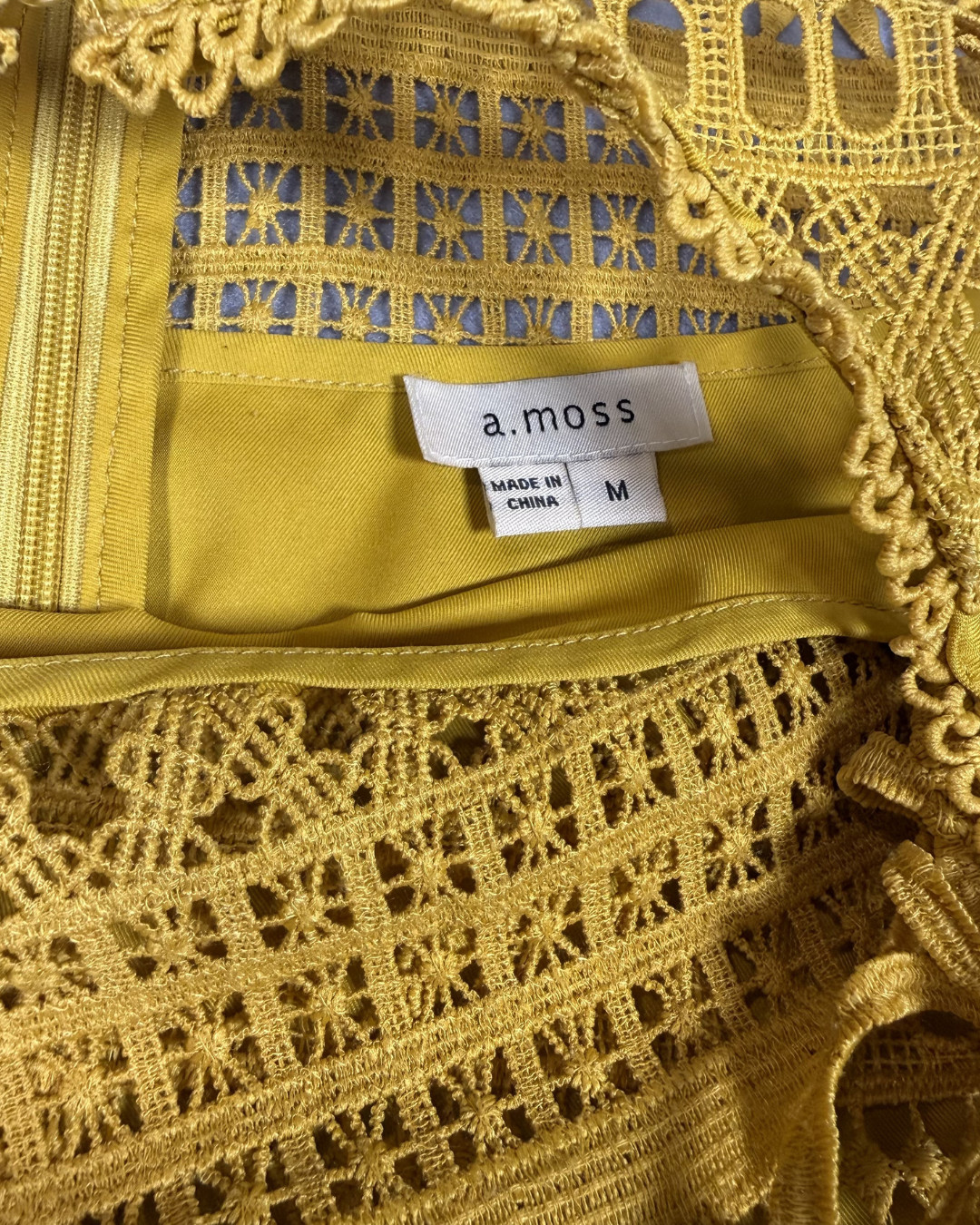 A. Moss Womens Medium Mustard Lace Crochet Blouse Long Sleeve Boho Top Lined