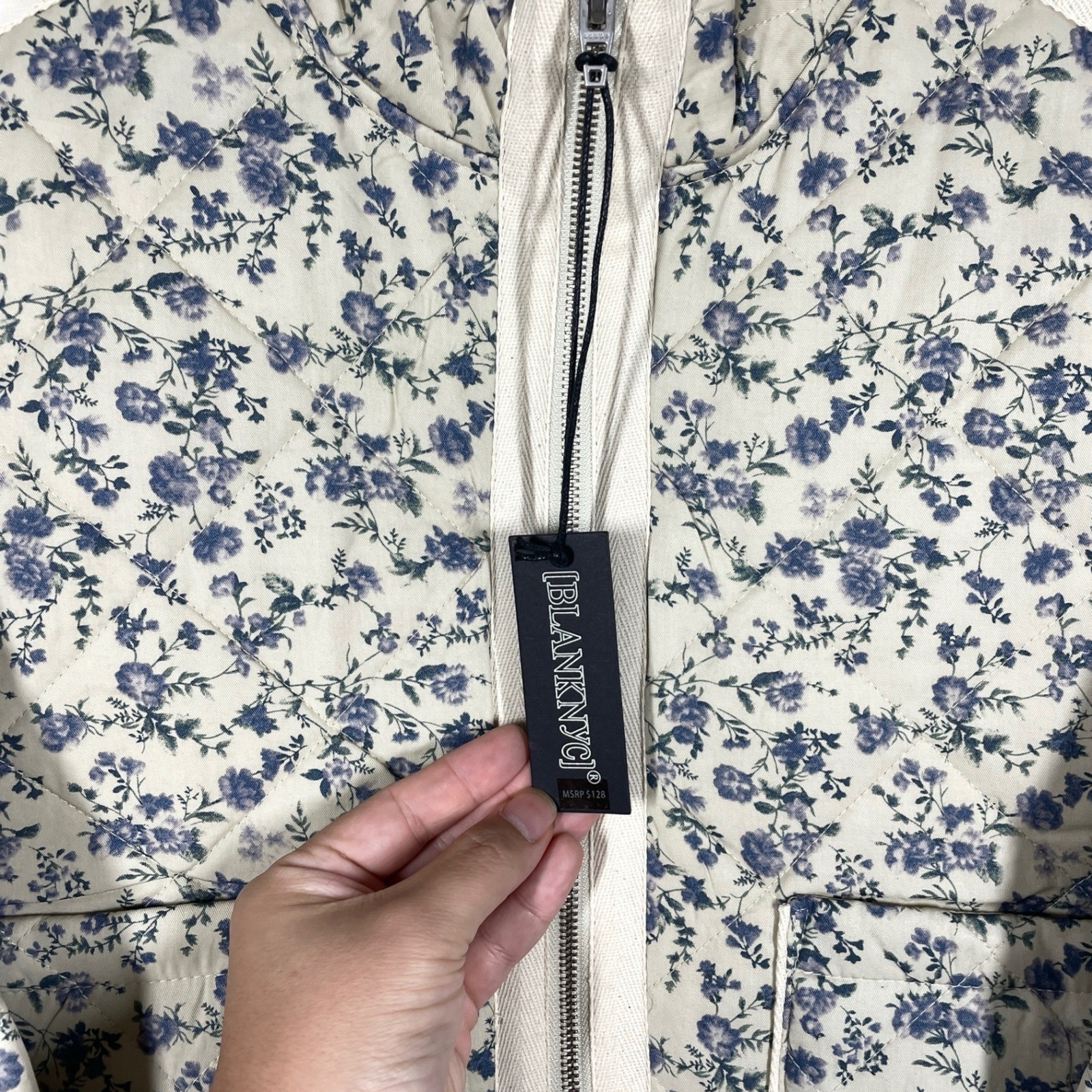 BLANKNYC Quilted Jacket Women Large Cream Blue Floral Cottagecore Boho New