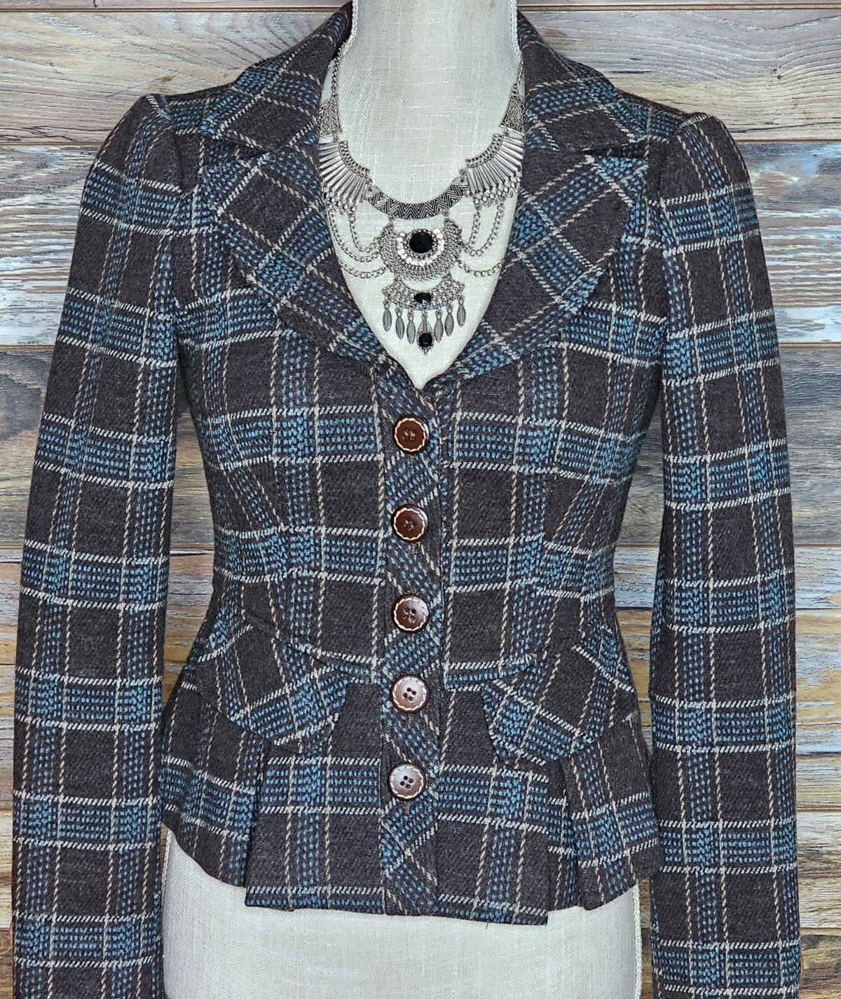 Nanette Lepore Wool Leather Buttons & Sleeve Cuff Rear Ruffles Blazer Jacket 2