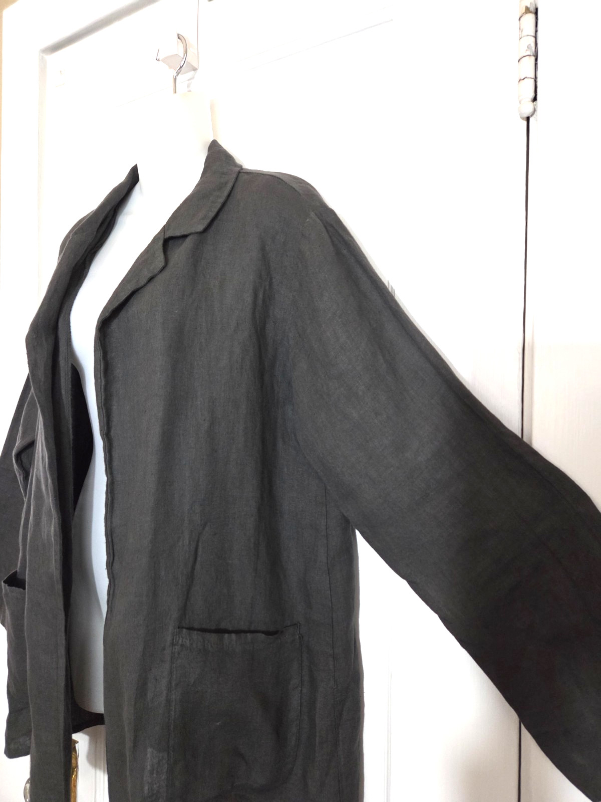 ANGELA MARA Long Open Front LINEN JACKET DUSTER, Size L, Dark Gray ITALY