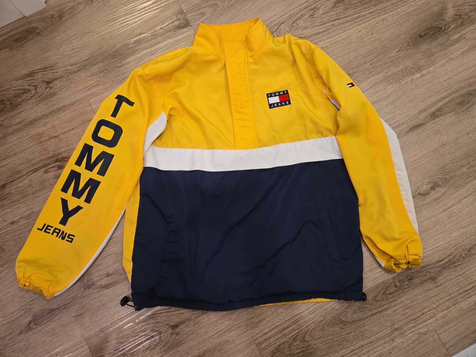 Tommy Hilfiger Tommy Jeans Yellow Blue Pullover Windbreaker Jacket Size XLarge