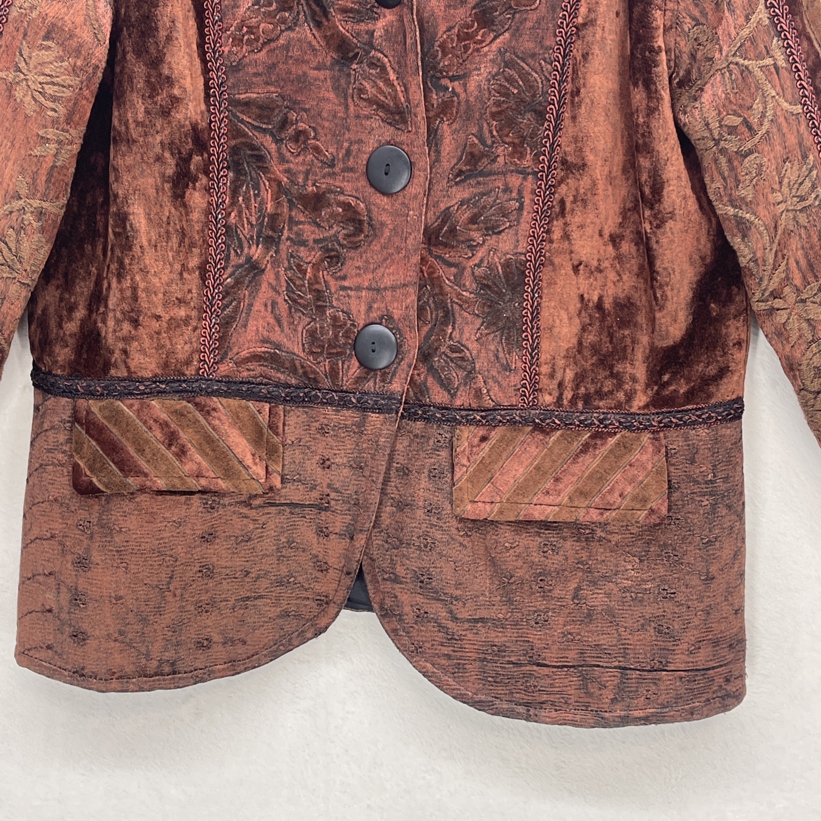 VTG FLASHBACK Brown Shabby Chic JACKET Crushed Velvet Peplum Boho Dark Goth Sz S
