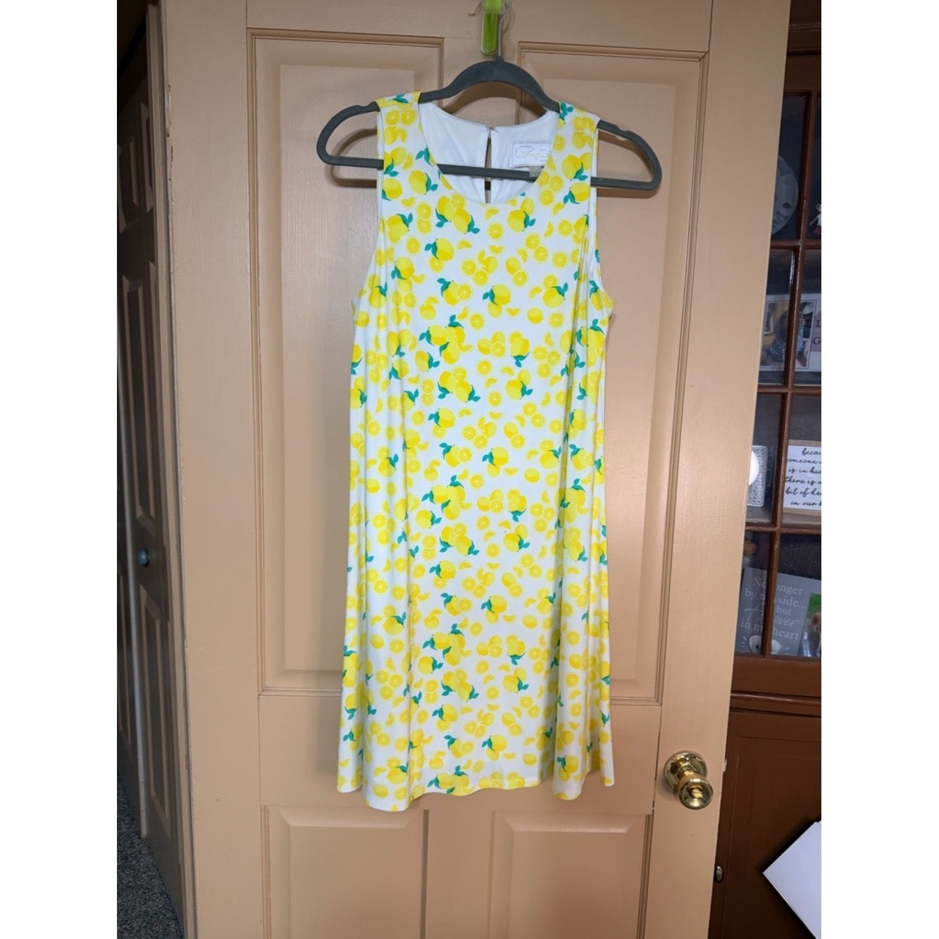 Pappagallo Yellow Lemon Print Sleeveless Dress with Green Leaves
