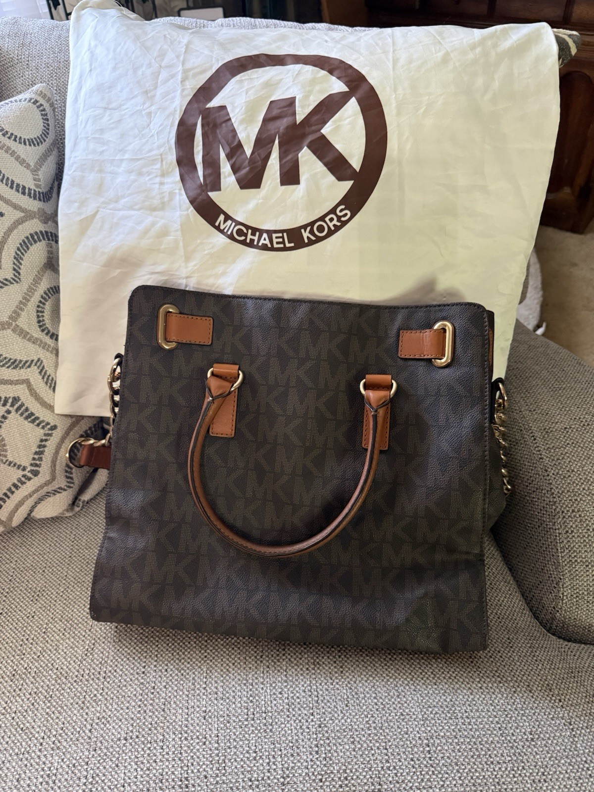Michael Kors Brown MK Monogram Large Satchel Top Handle, Detachable Strap