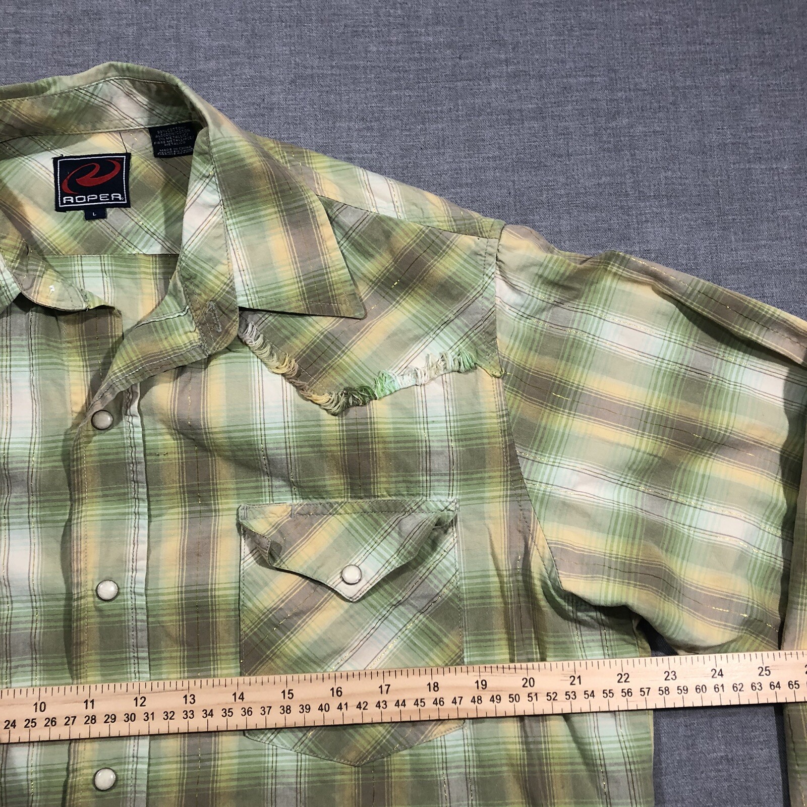 Roper Shirt Mens Large Green Plaid Pearl Snap Western Distressed Fringe Metallic