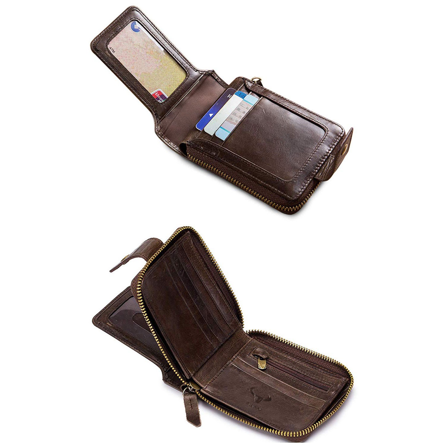 Retro Men Wallet Genuine Leather RFID Blocking Bifold with Zipper Coin Pocket