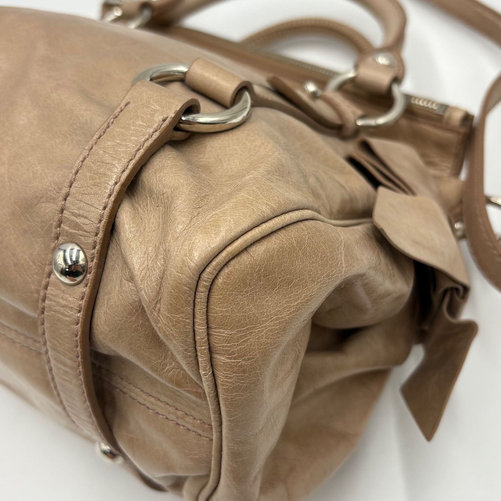 Miu Miu Vitello Shine 2Way Shoulder Bag Pink Beige Side Ribbon Y2K Handbag Auth