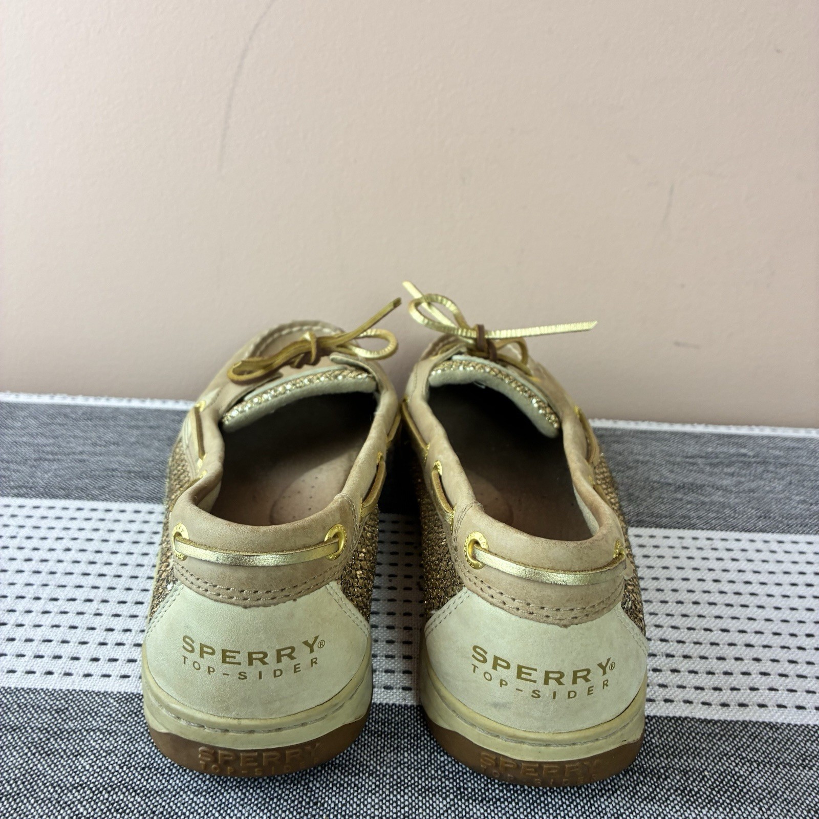 Sperry Top Sider Women’s Beige Gold Glitter Boat Shoes Loafers Size 9.5