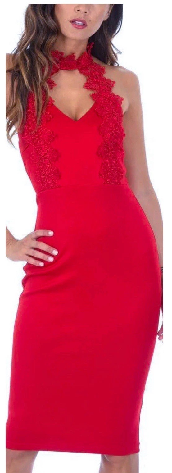 New Sz Small ❤️ Na-KD Women’s Red Open Back Choker Neck Bodycon Pencil Dress