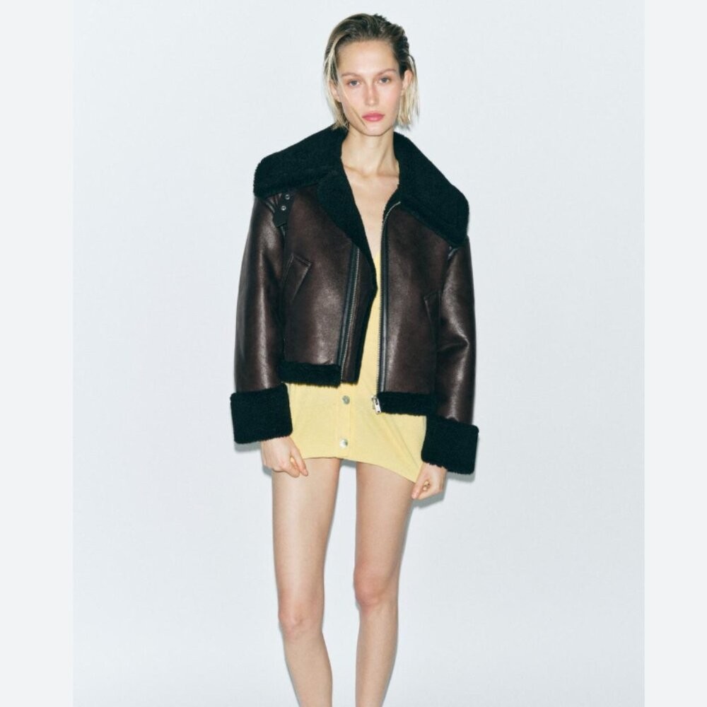 Zara Double Faced Faux Fur Faux Leather Jacket S L NWT 2969/046 Brown Burgundy