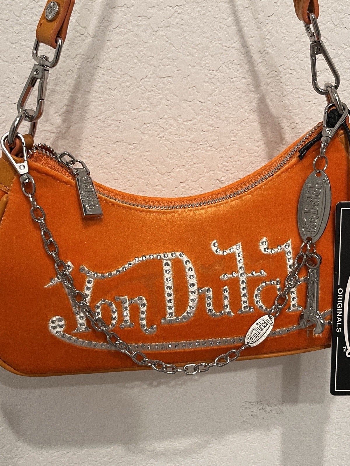 Von Dutch Orange Rhinestone Logo Crescent Shoulder Bag Zip Top Chain Strap Small