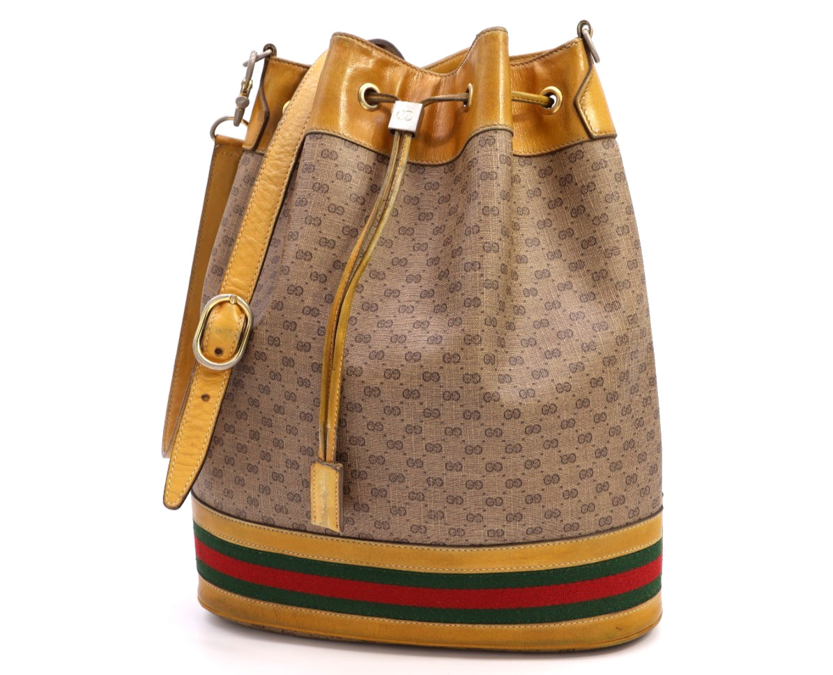 GUCCI VINTAGE Drawstring Shoulder Bag Sherry Micro-GG Camel Classic Authentic