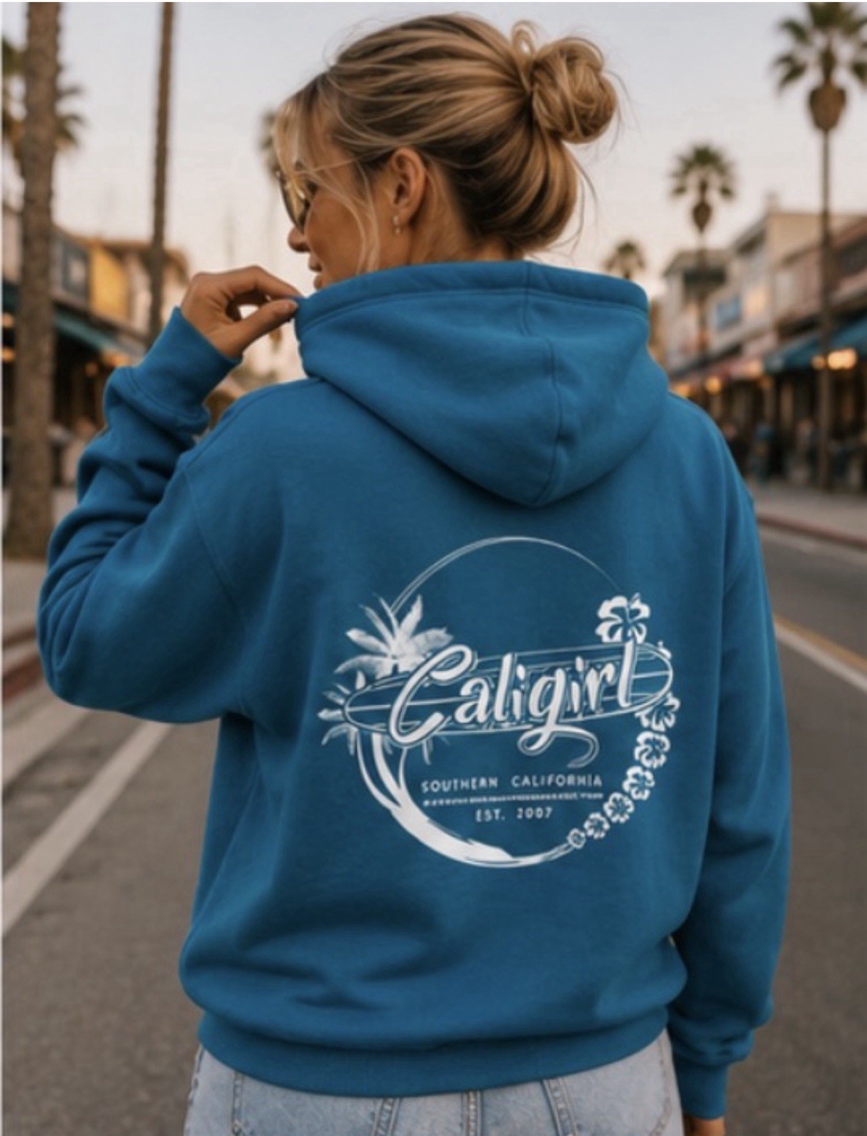 California Beach Surf Hoodie Blue Unisex Caligirl Coastal Pullover, size medium