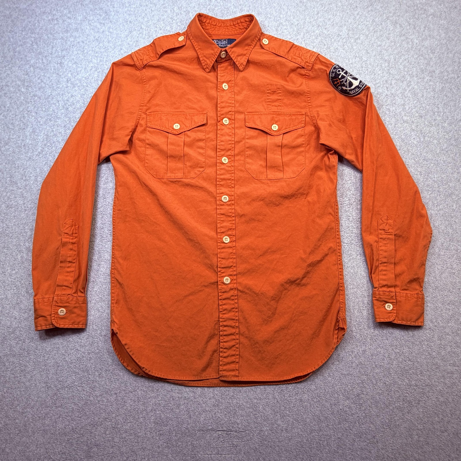 Polo Ralph Lauren Shirt Mens Small Orange USRL Naval Station Patch Epaulettes